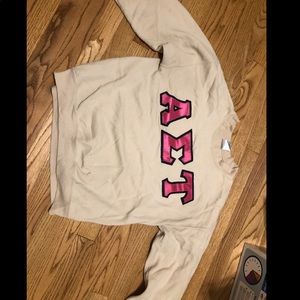 Alpha Sigma Tau tan sweatshirt with pink lettering